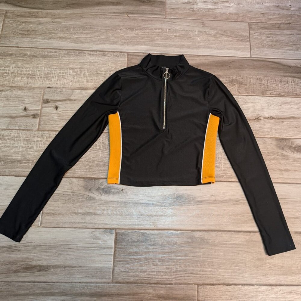 Forever 21 Black & Yellow Colorblock Crop Top Women’s M Half Zip Mock Neck
